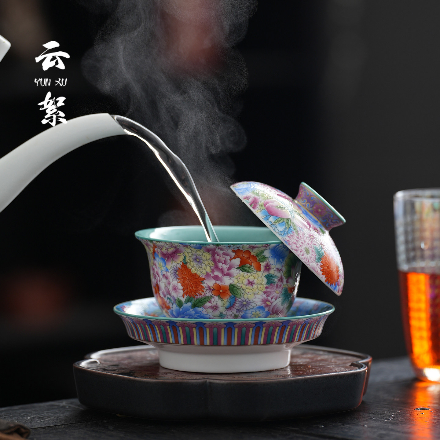 景德镇万花珐琅彩高端陶瓷三才盖碗茶具杯彩色花卉纹茶碗茶杯套装