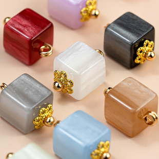 中国风旗袍盘扣扣子复古风玉石方块简约金属花托纽扣唐装装饰配件