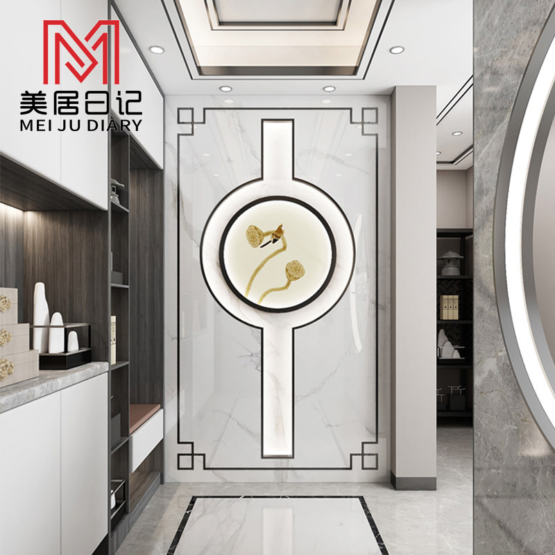 新品新中式c入户走道瓷砖岩板水刀叠层智能灯玄关背景墙大理石大