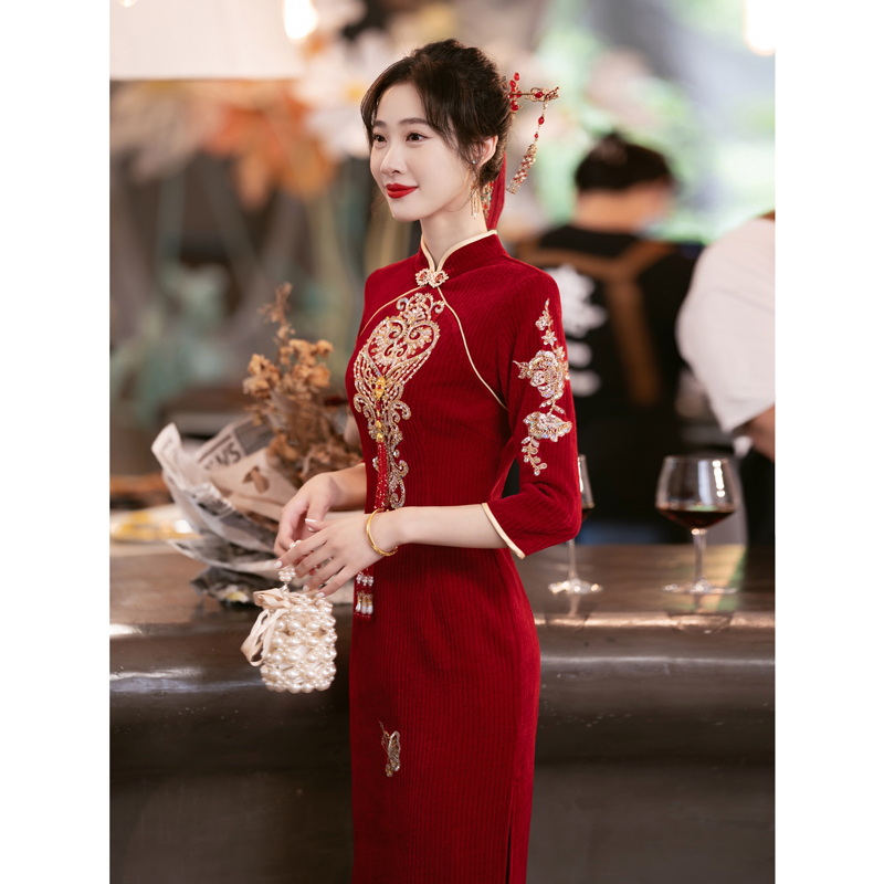 旗袍敬酒服新娘冬季结婚酒红色轻奢订婚礼服女长袖中式改良高级感