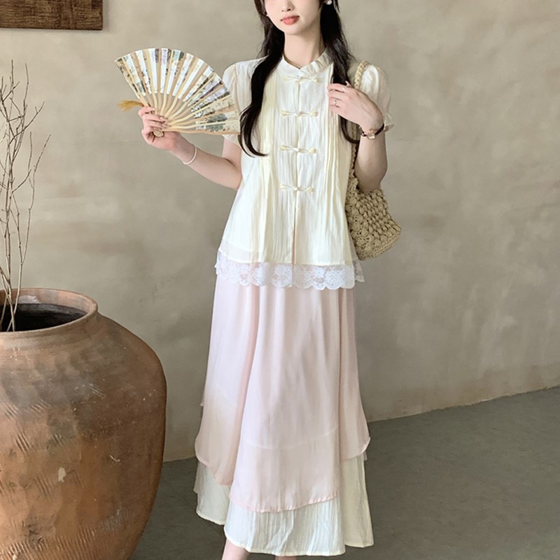 大码女装胖妹妹新中式国风泡泡袖盘扣上衣不规则半身裙.宽松套装