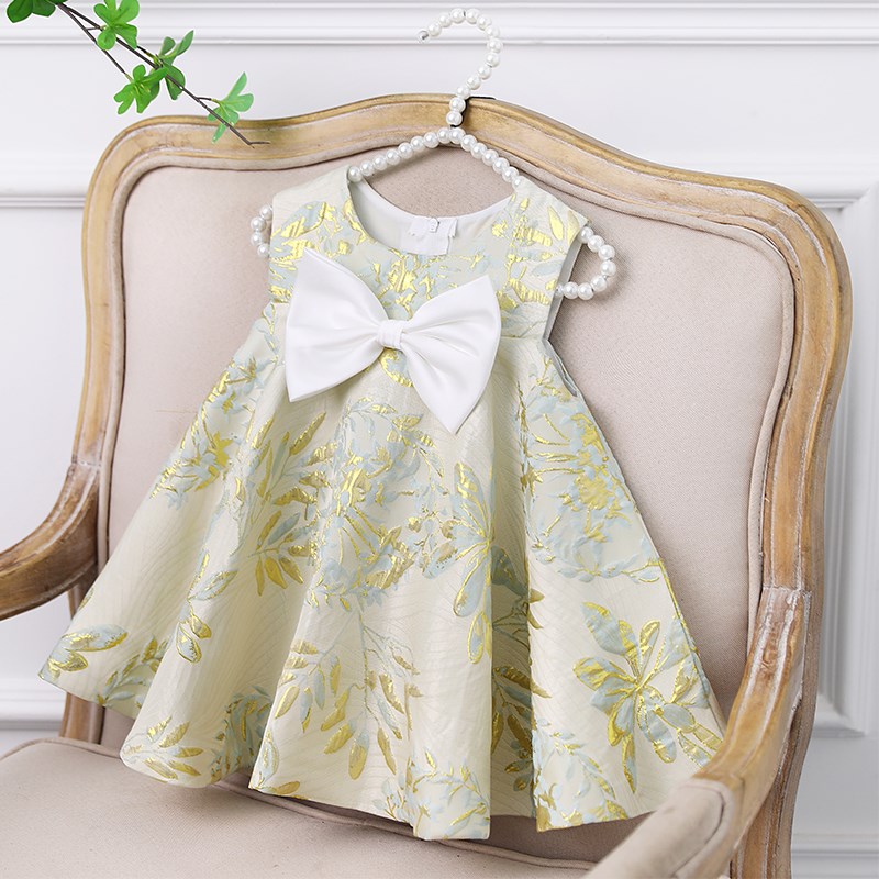 洋气印花缎面公主裙蓬蓬裙周岁礼服女生日礼服拍照服W儿童礼服裙