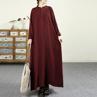 千秋飛燕復(fù)古國(guó)風(fēng)色織亞麻刺繡長(zhǎng)袍連衣裙秋季新款寬松Z豎條紋長(zhǎng)