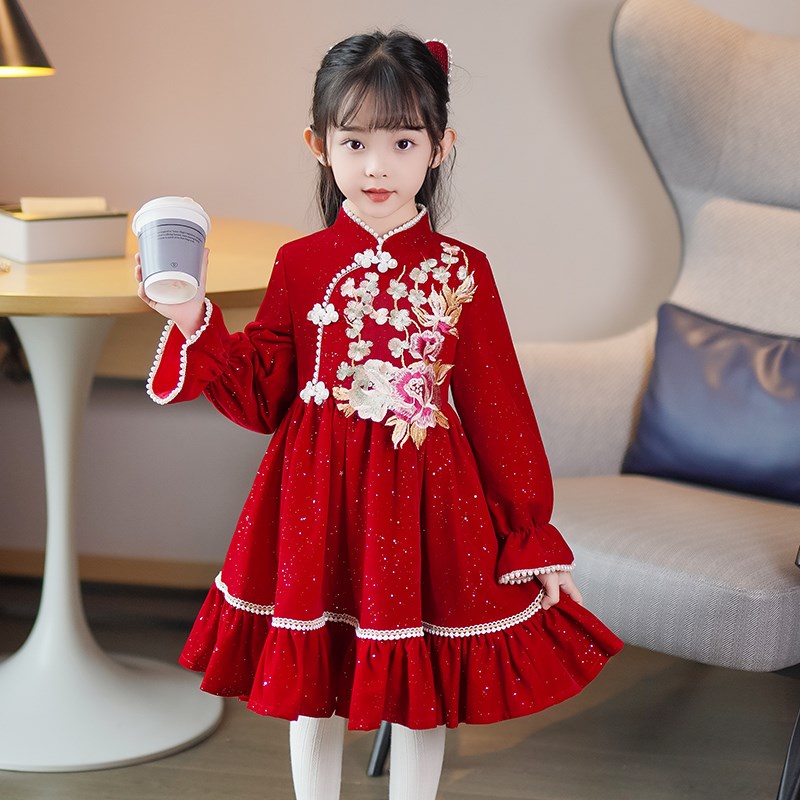 公主裙女童秋冬2023冬装儿童连衣裙过年K旗袍汉服新年衣服裙子冬