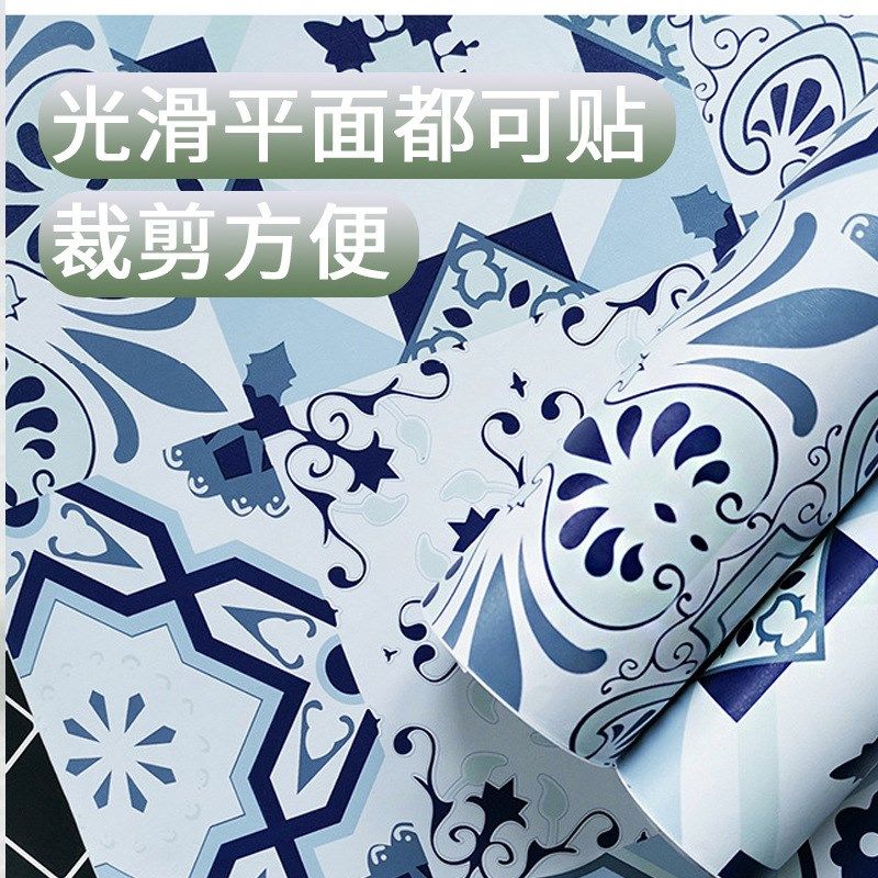 国风瓷砖贴纸墙纸自粘厨房防潮墙贴新中式壁纸翻新青花瓷即时贴