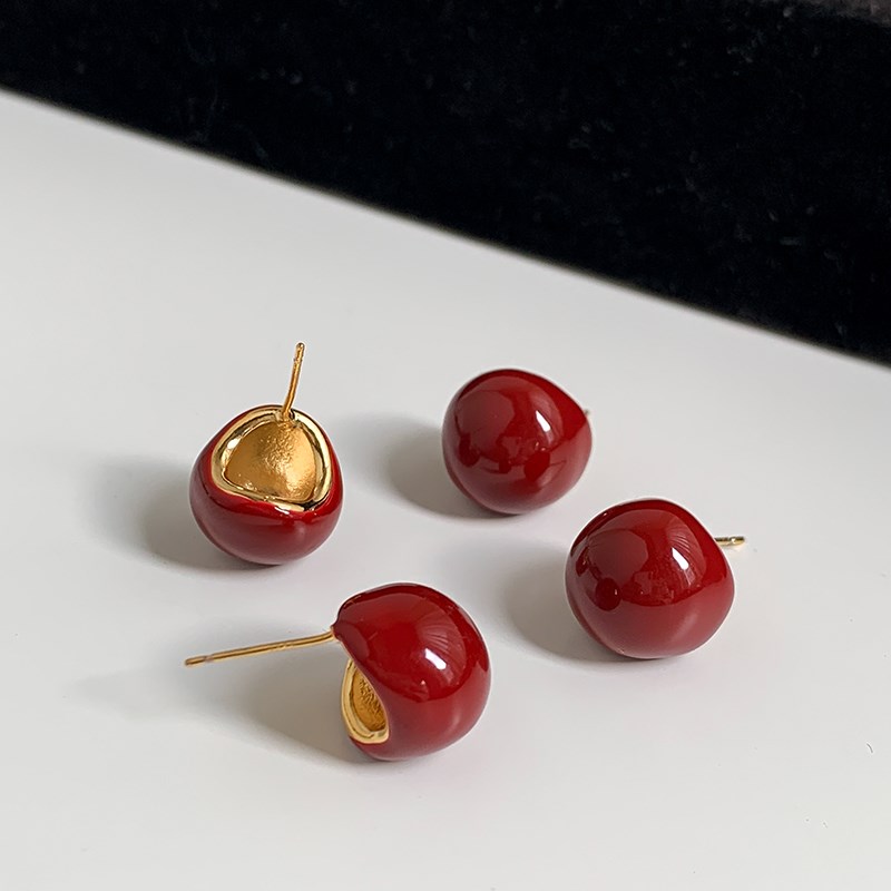 2024秋冬复古圣诞新年酒红色水滴金属滴釉高级感耳环气质耳钉短款