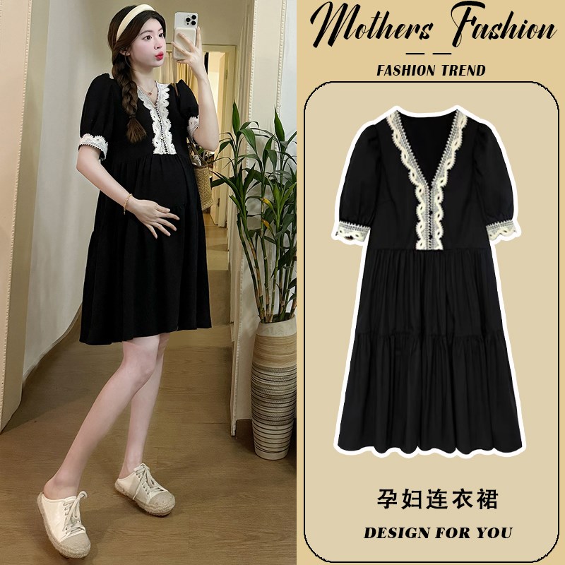 孕妇连衣裙2025新款夏季黑色短袖薄款时尚宽松拼接花边V领中长款
