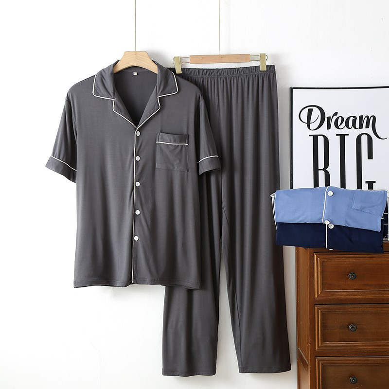 凉感竹纤维睡衣男士短袖长裤春夏纯棉开衫中年爸爸全棉空调家居服