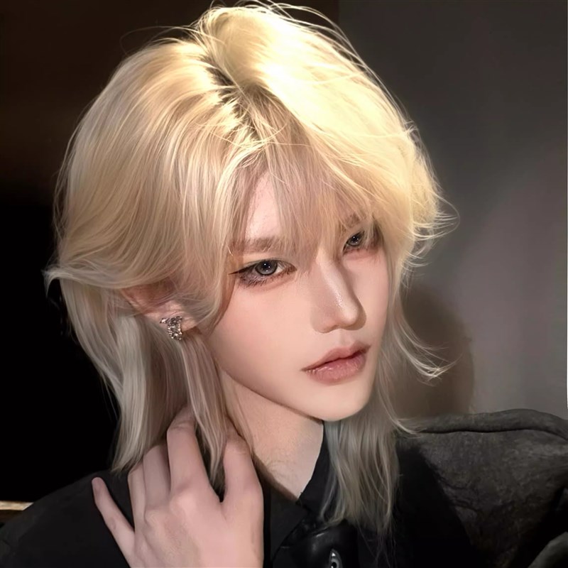 白金假发长狼尾米白鲻鱼头男女通用拖尾中长发韩系蓬松显脸小头套