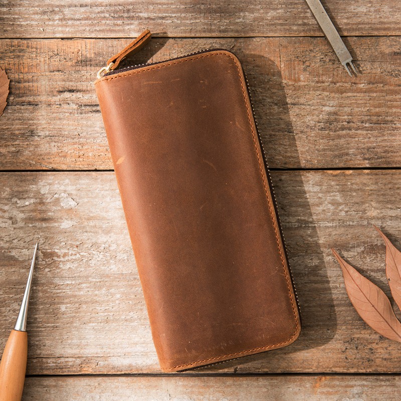 特色复古疯马皮手工真皮男士拉链钱包长款大容量多卡位磨砂钱夹