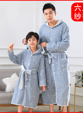 连帽带扣儿童浴袍纯棉纱布吸水毛巾料男士男孩大童游泳浴巾父子装