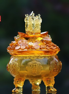 琉璃五路财神聚宝盆摆件居家客厅办公桌面摆放乔迁开业商务送礼