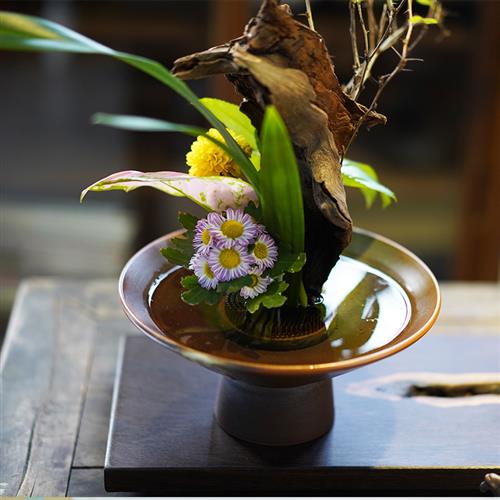 日式花道剑山插花陶瓷器皿花器水盘黑色斗笠碗小原流插花器套装