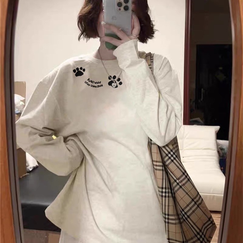 纯棉灰色春秋冬长袖t恤r女2024新款爆款美式上衣服宽松内搭打底衫