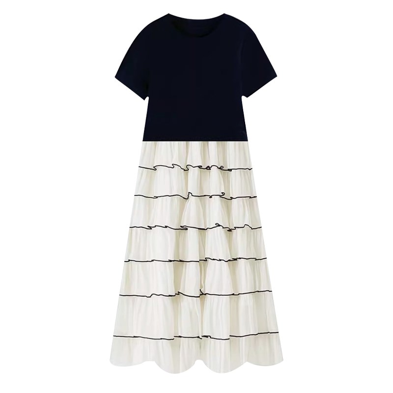 孕妇连衣裙夏季2025新款韩版黑色薄款短袖拼接假两件蛋糕裙中长款