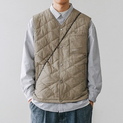 嘿马七作春秋男士简约休闲薄款保暖内胆背心夹棉工装开衫马甲上衣