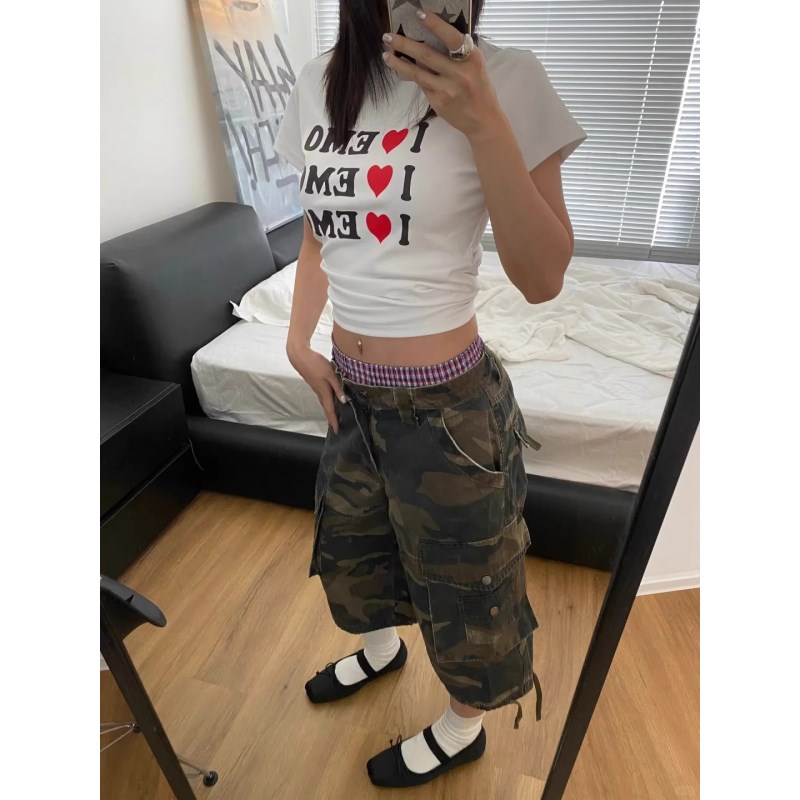 大码胖mm美式复古迷彩工装牛仔裤女夏季设计感辣妹低腰阔腿七分裤