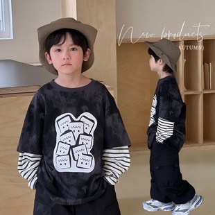 男童打底w衫 童装 儿童帅气卫衣宝宝条纹假两件百搭上 新款 2024秋季