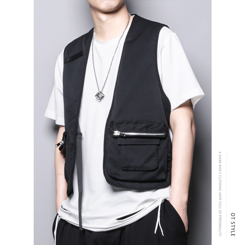 韩版潮牌织带卡扣拉链口袋工装外套个性宽松潮流服马甲战术背心男