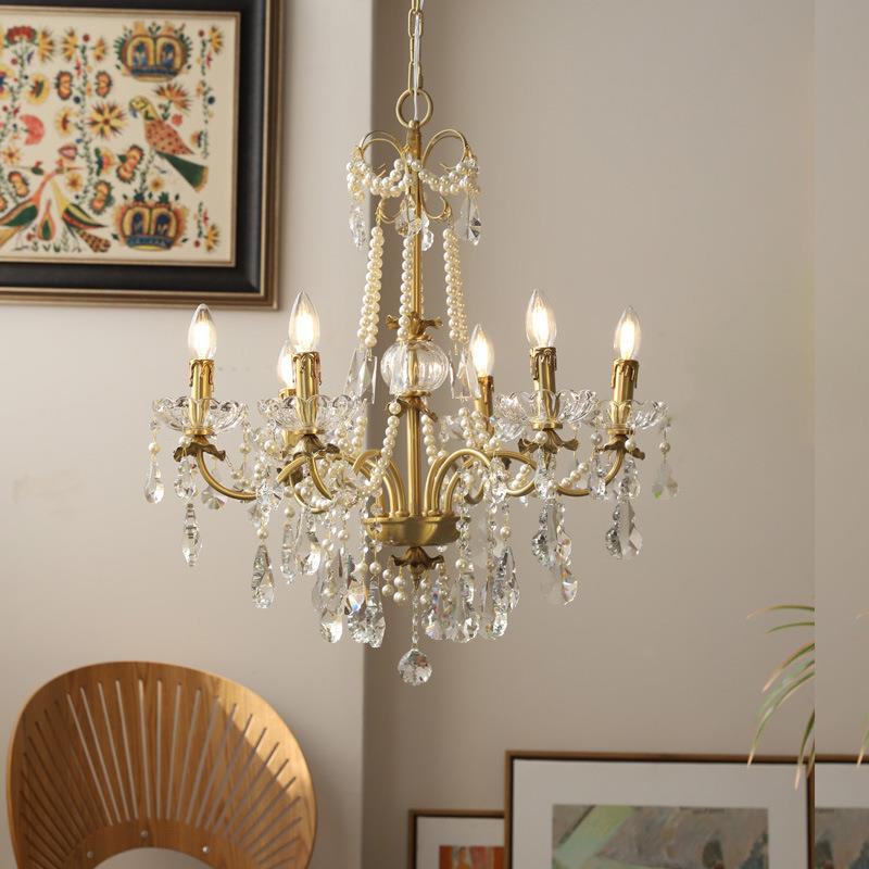 683跨境式水晶餐珍珠吊灯美欧式别墅客厅厅法卧式室全铜复古灯具