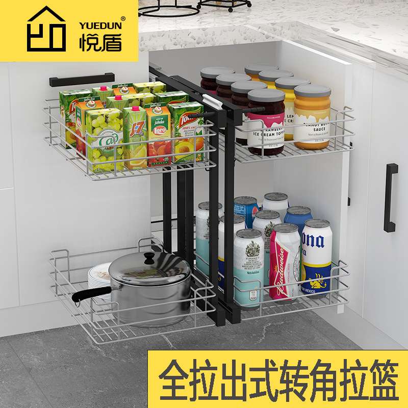 不锈钢转角拉篮厨房橱柜小怪物联动调味拉篮五金阻尼