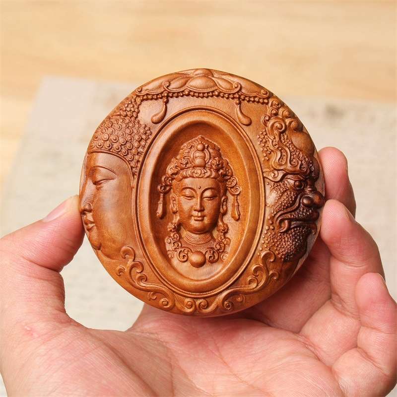 雷击木圆形双面观音牌挂件枣木手把件木雕装饰品汽车挂件实木吊坠
