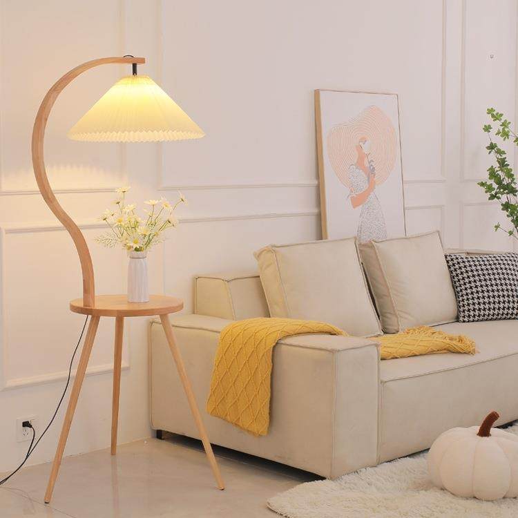 新中式实木百褶落地灯客厅卧室沙发床头柜置物茶几一体高级感台灯