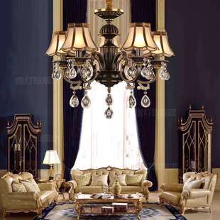 欧式 黑擦金复古餐桌铜艺灯饰灯具 全铜水晶吊灯客厅卧室书房简美式