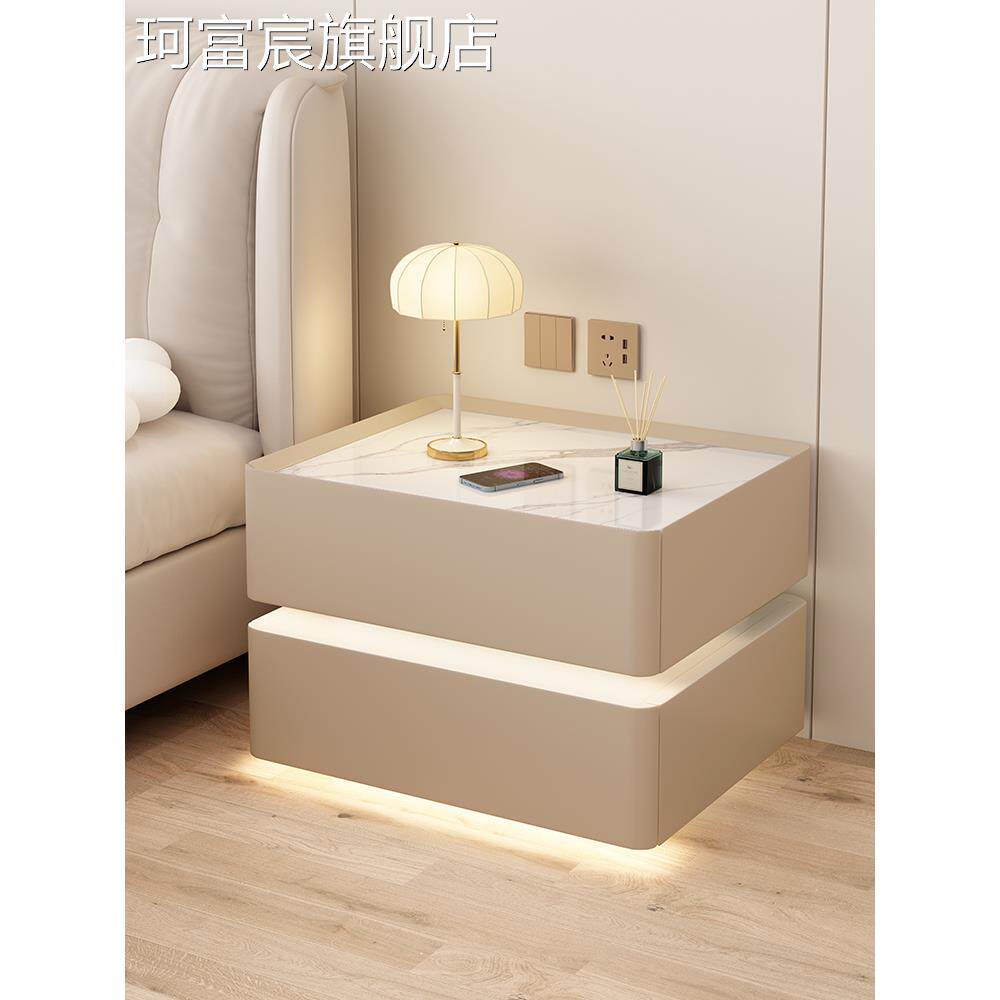 珂富宸实木奶油风智能床头柜简约现代岩板卧室家用轻奢高级免安装床边