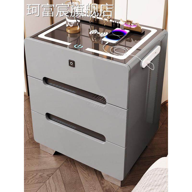 珂富宸智能多功能床头柜白色烤漆卧室储物柜LED灯无线充蓝牙音箱指纹锁摆件饰品床笠拉车