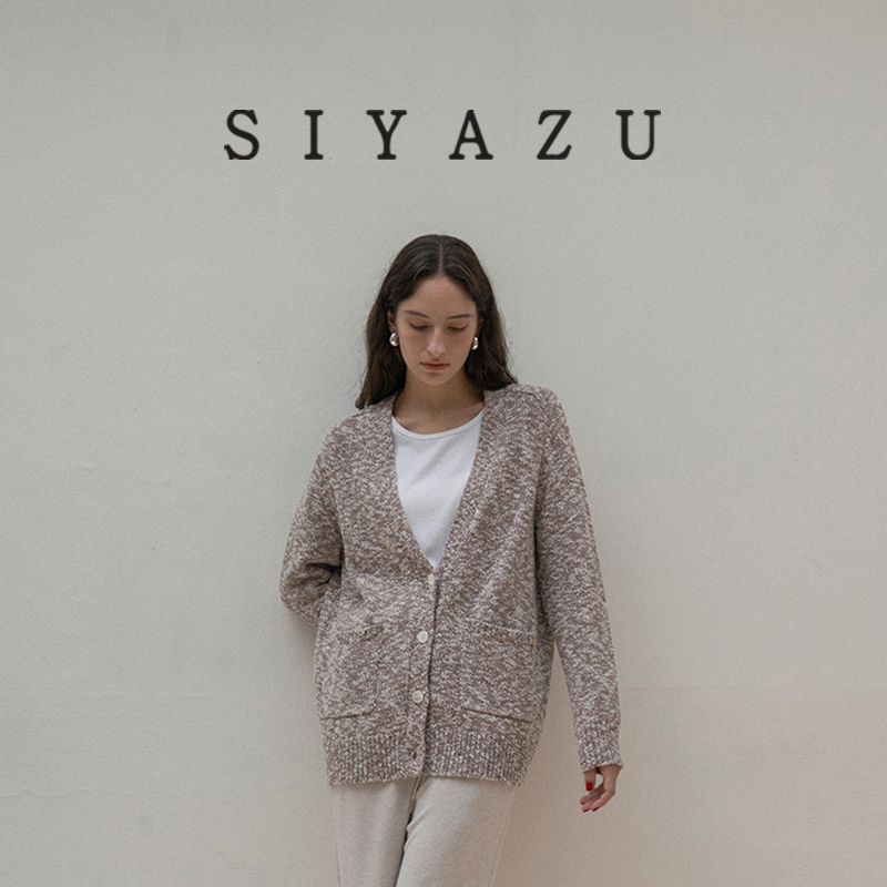 SIYAZU 韩国设计师品牌 全棉复古双色V领开衫长袖纯棉针织衫外套