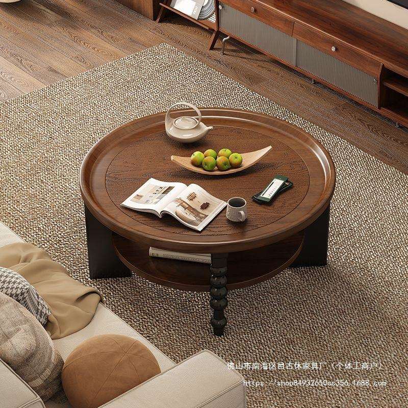 家用小桌子客厅茶几复古新款茶几法式实木茶几圆形茶桌小户型古风