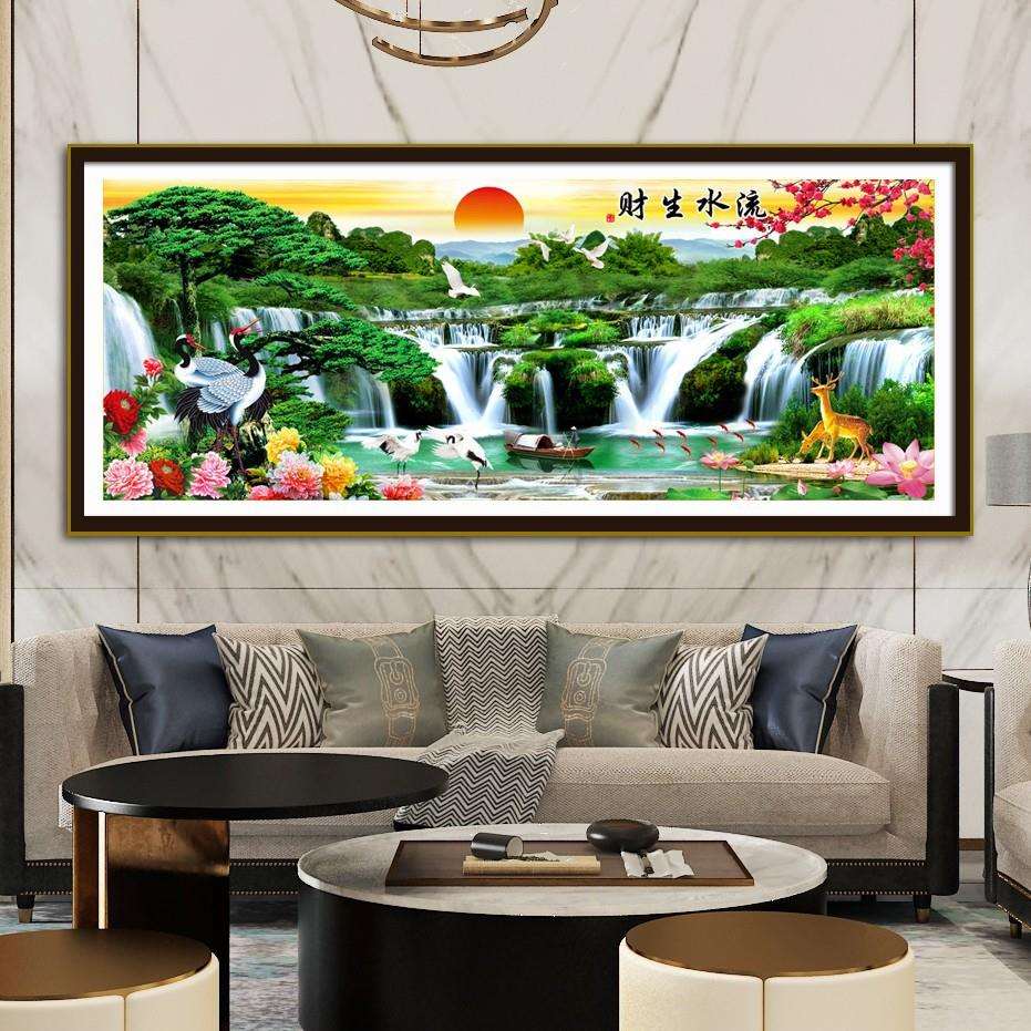 风景画流水生财蒸蒸日上十字绣客厅聚宝盆山水刺绣手工印花迎客松