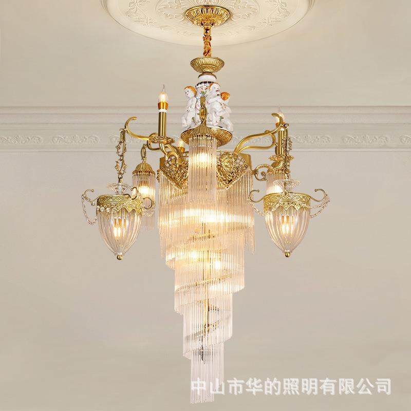 法式全铜水晶楼梯长吊灯别墅旋转loft公寓复式楼挑高客厅楼梯间灯