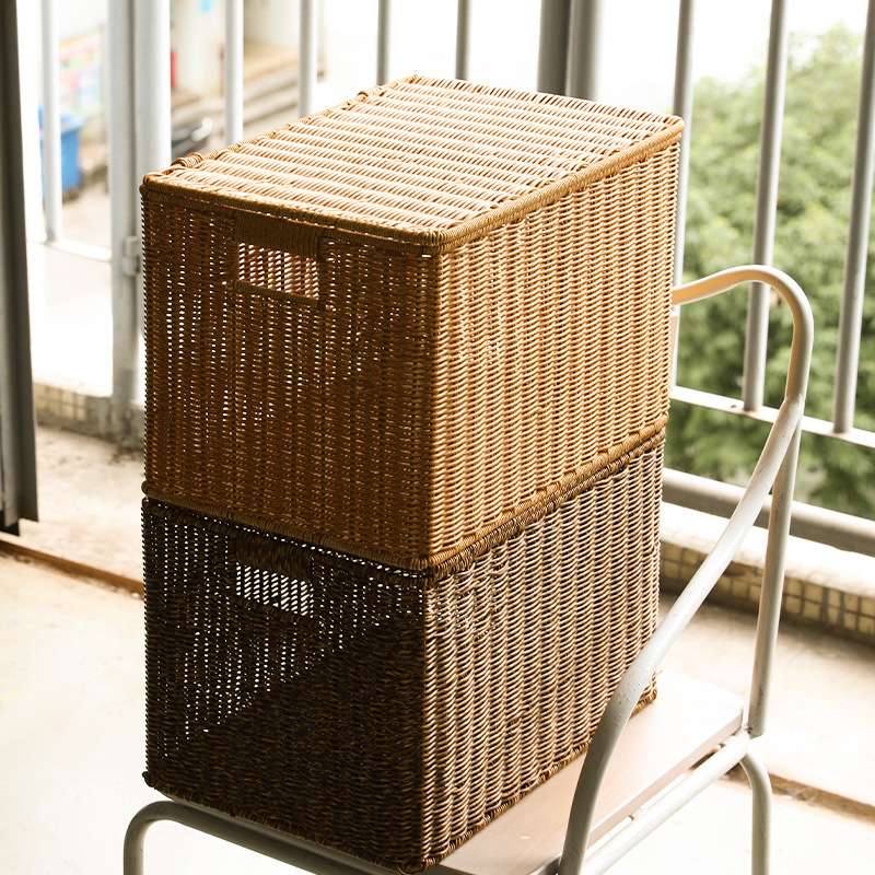 大号编织收纳箱子塑料藤编有盖整理箱后备箱装书复古风卧室玩具箱