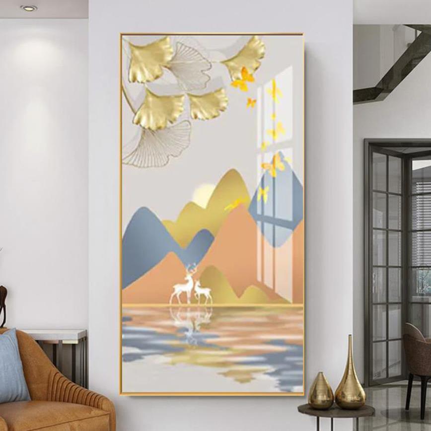 玄关装饰画轻奢银杏叶客厅走廊挂画现代简约山水麋鹿过道装饰壁画