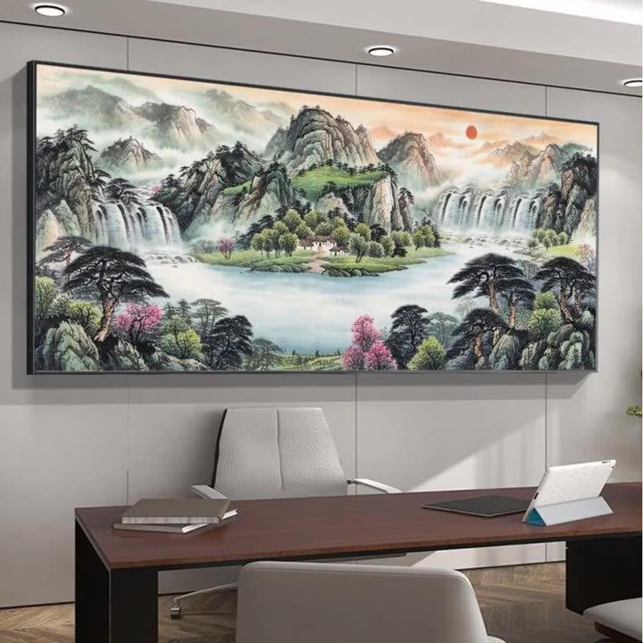 山水风景油画布喷绘铝合金挂画字画壁画办公室国画沙发客厅装饰画