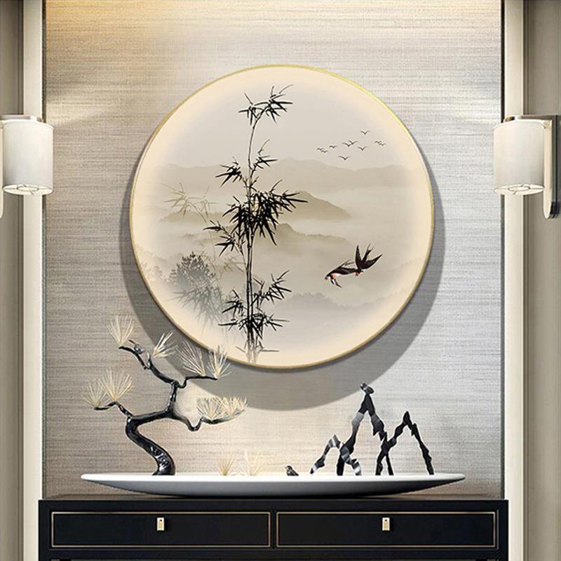 圆形新中式玄关装饰画led发光山水挂画入户竹子灯画竹报平安国画