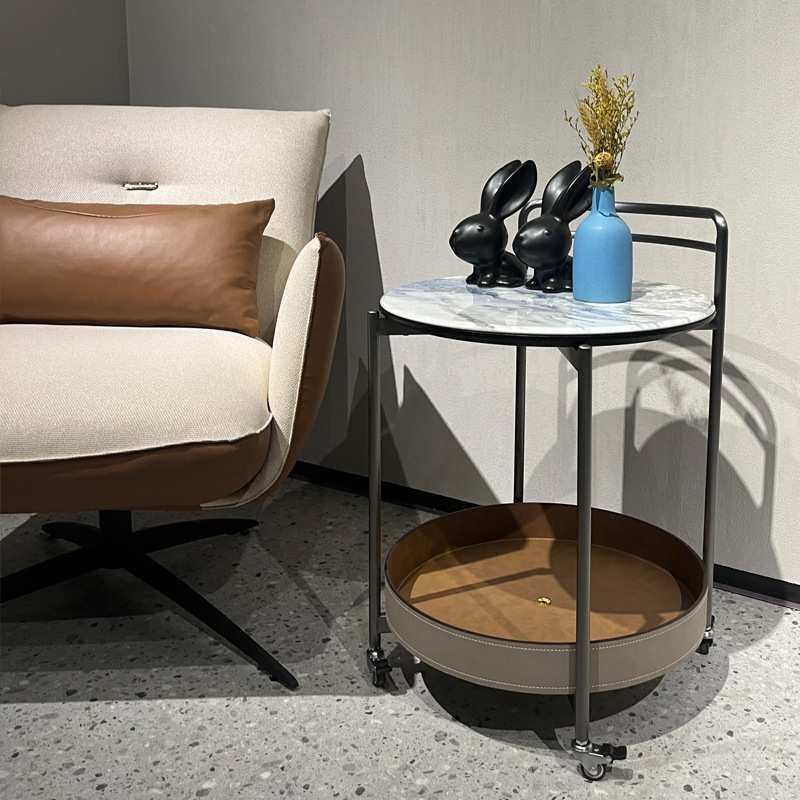 意式设计师沙发边几可移动轻奢高端马鞍皮客厅微晶石小推车厂家