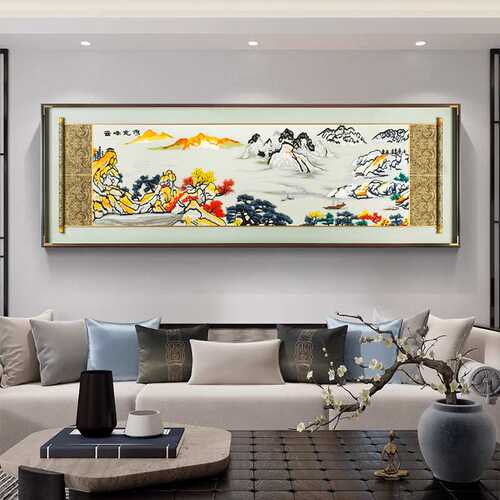 云峰竞秀新中式客厅装饰画刺绣实物山水画高档大气沙发背景墙挂画
