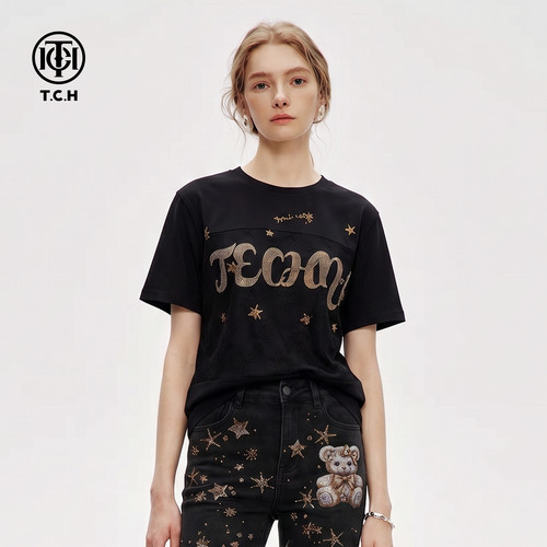 TCH潮牌烫钻字母短袖T恤女夏季宽松圆领重工百搭上衣T78A10B9071