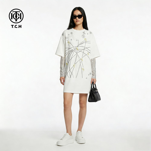 TCH-时尚潮牌花卉新款白色袖套连衣裙T78A30E1061