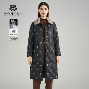 马天奴2025秋冬新款 水貂毛领绣花再生革皮羽绒服中长外套保暖时尚