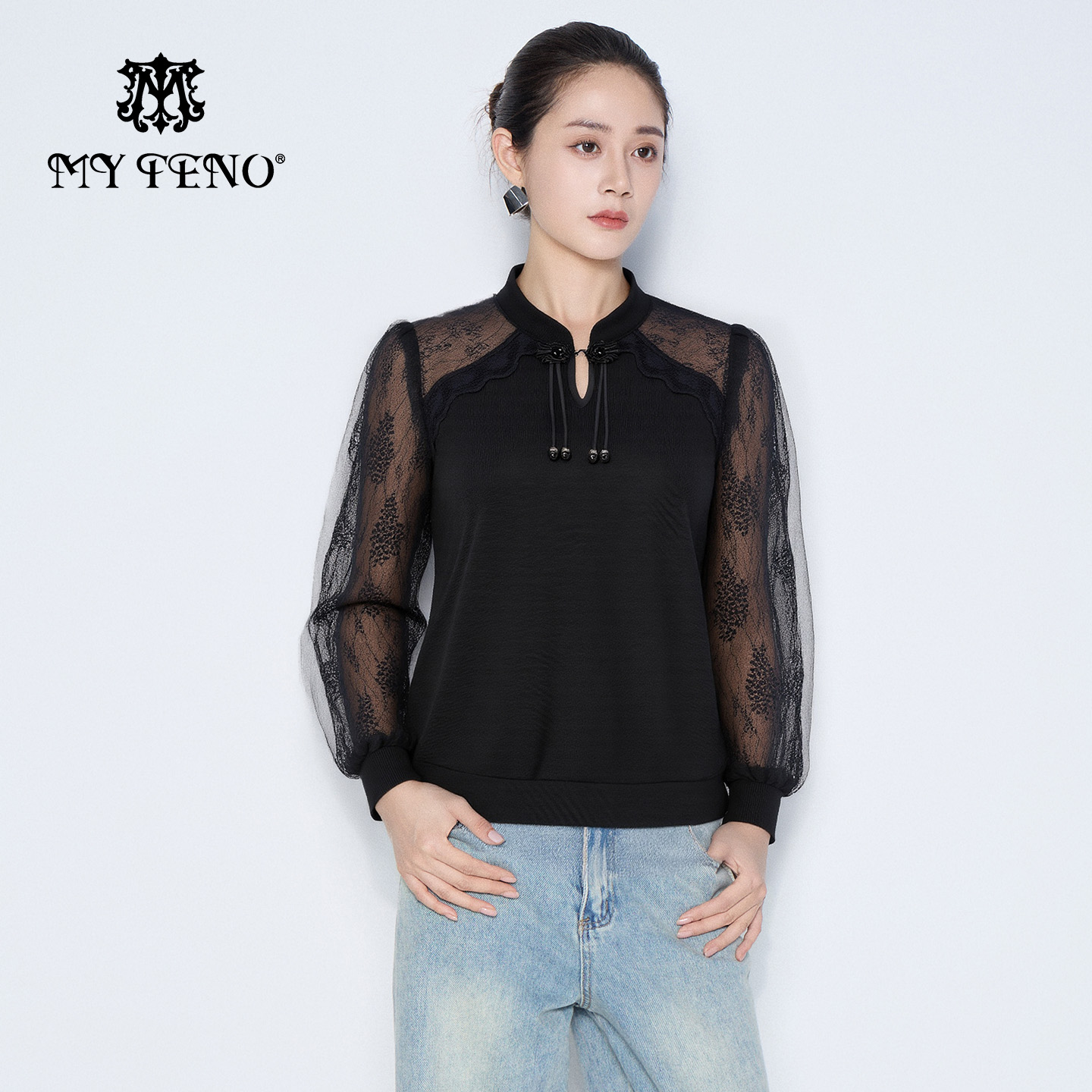 马天奴新中式黑色蕾丝袖上衣