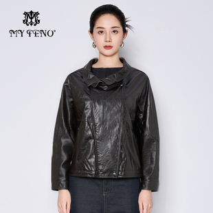 机车风时尚 马天奴女装 牛皮衣外套短款 咖啡色翻领短款 流行 春秋新款