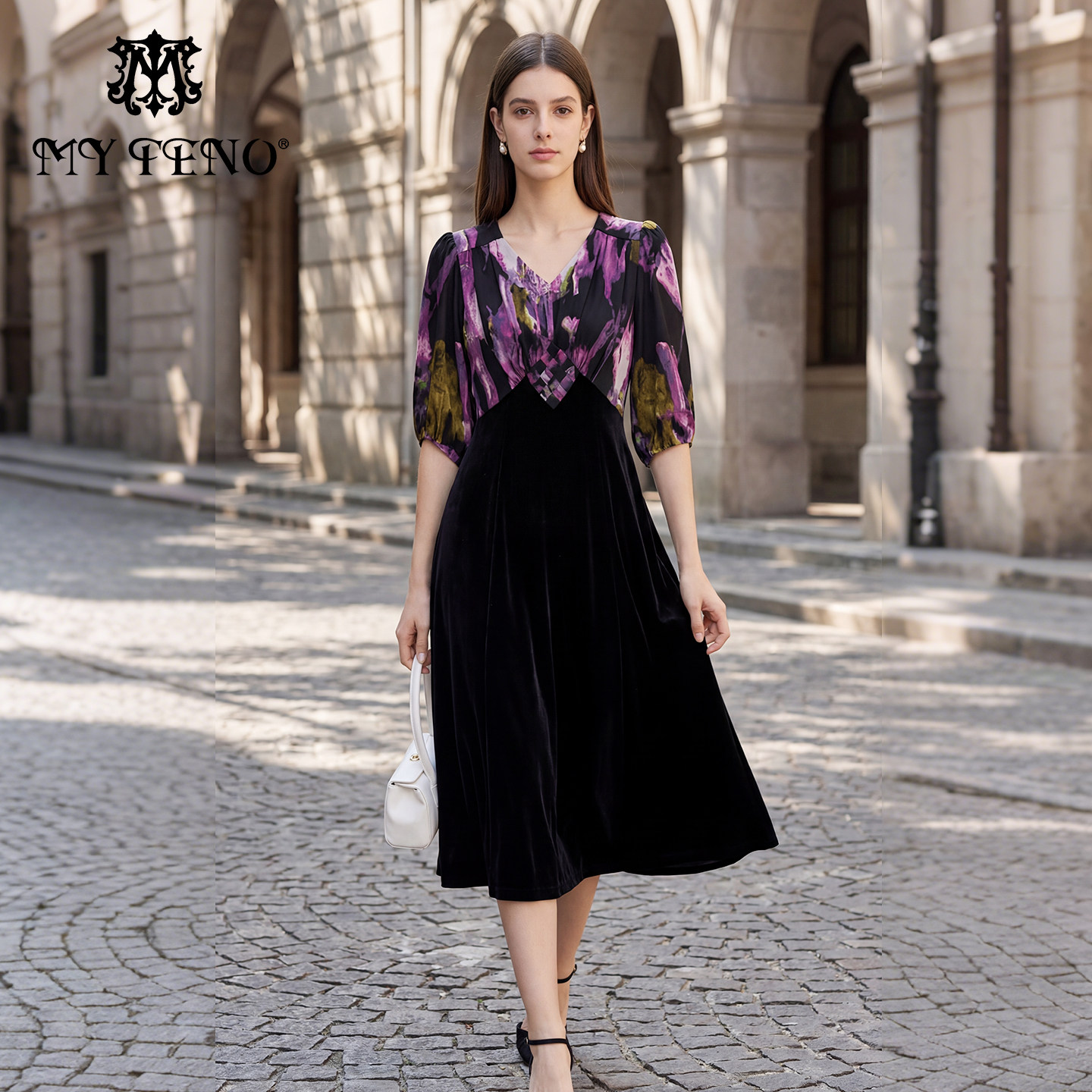 马天奴女装春秋新款紫色印花拼接收腰V领连衣裙子灯笼袖气质时尚