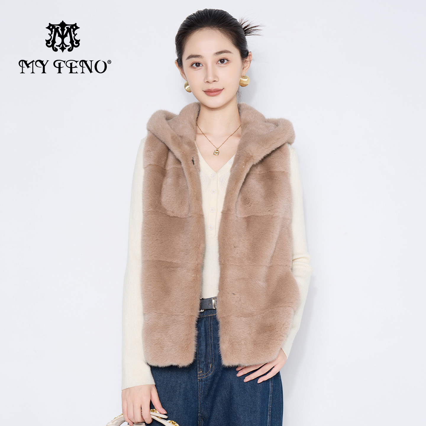 马天奴藕粉连帽水貂毛皮草马甲