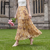 马天奴2025秋冬新款 黄色植物印花半身裙半裙子A摆长裙气质时尚 女
