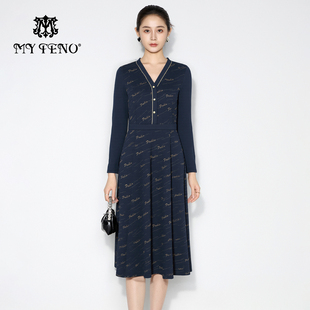 连衣裙子气质时尚 藏青提花V领收腰长袖 优雅女 新款 马天奴2025冬季