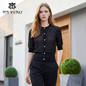 时尚 马天奴2025夏季 上衣微透女装 小衫 新款 黑色圆领单排扣针织开衫